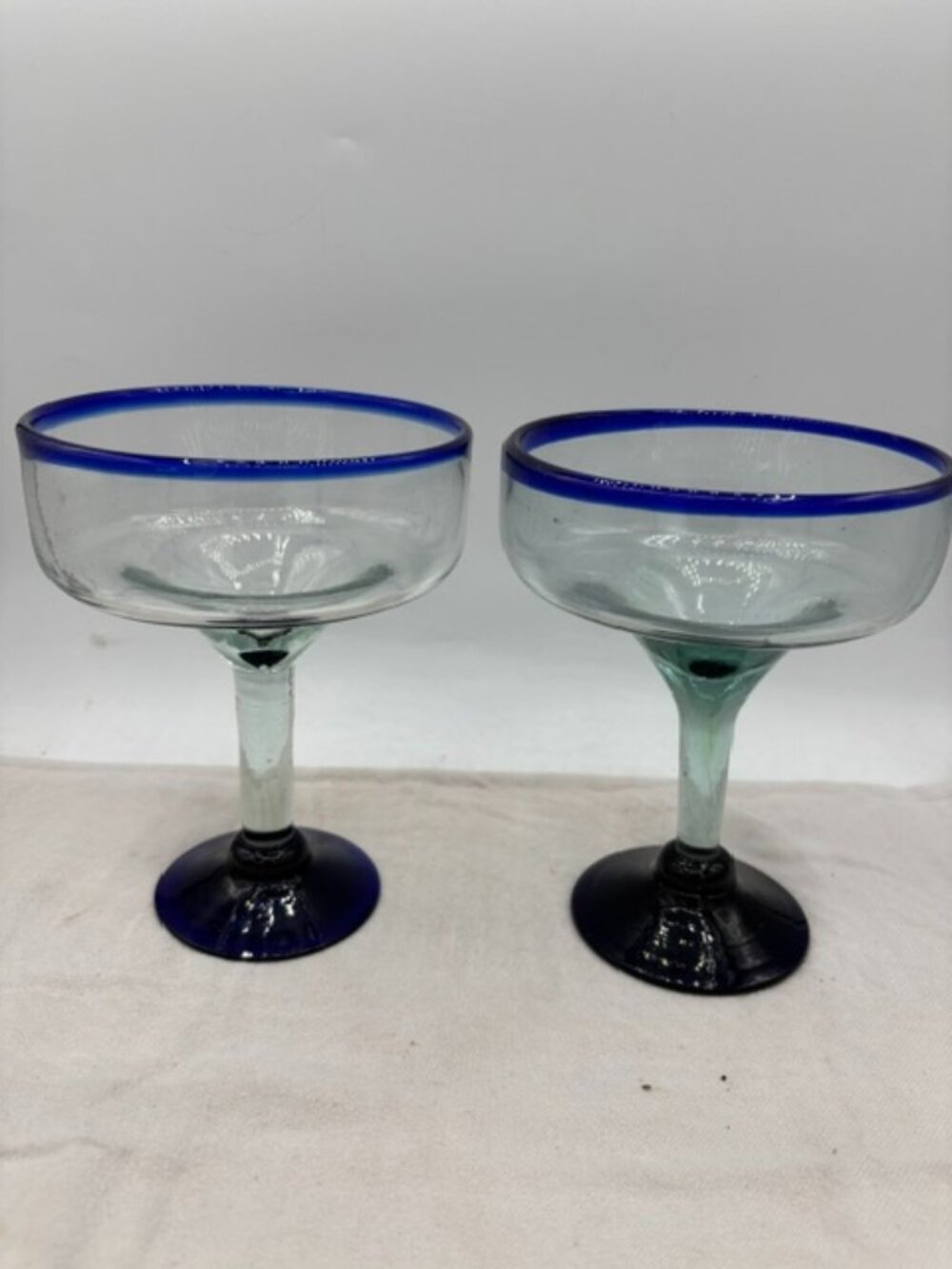 Mexican Hand Blown Margarita Glasses Cobalt Blue Rim Base Set of 2